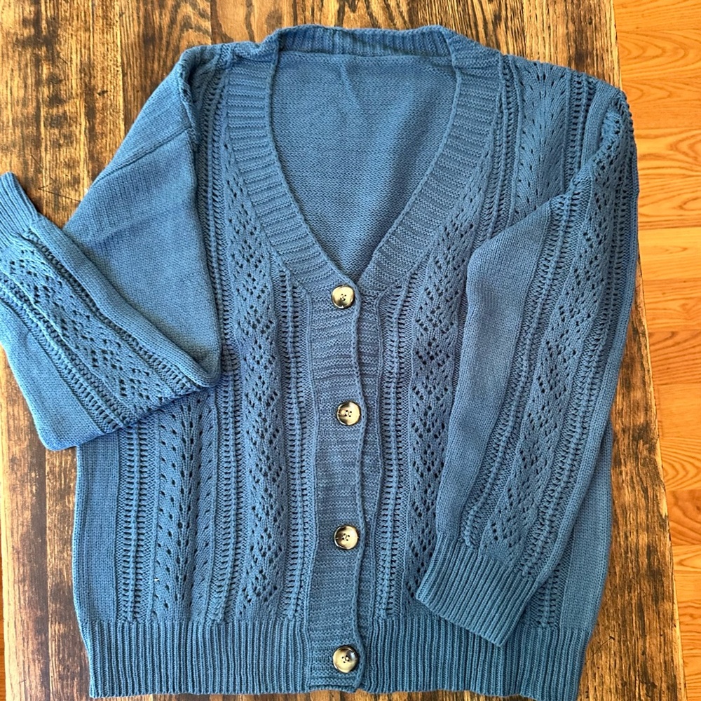Open Knit Drop Shoulder Cardigan in Teal Size Medium - Picture 5 of 10